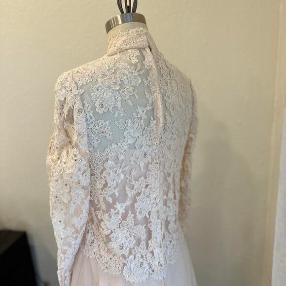 Vintage Women Small Dress Ivory Lace Chiffon Dress High Neck Long Sleeve Bridal - Picture 4 of 5
